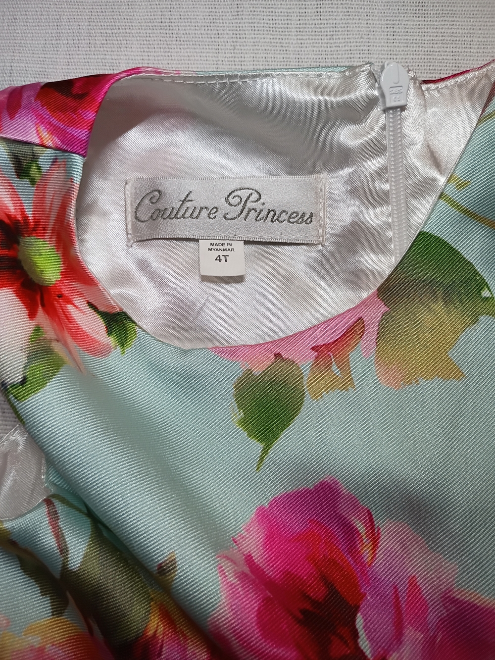 Couture Princess Floral Satin Dress - Pink & Mint